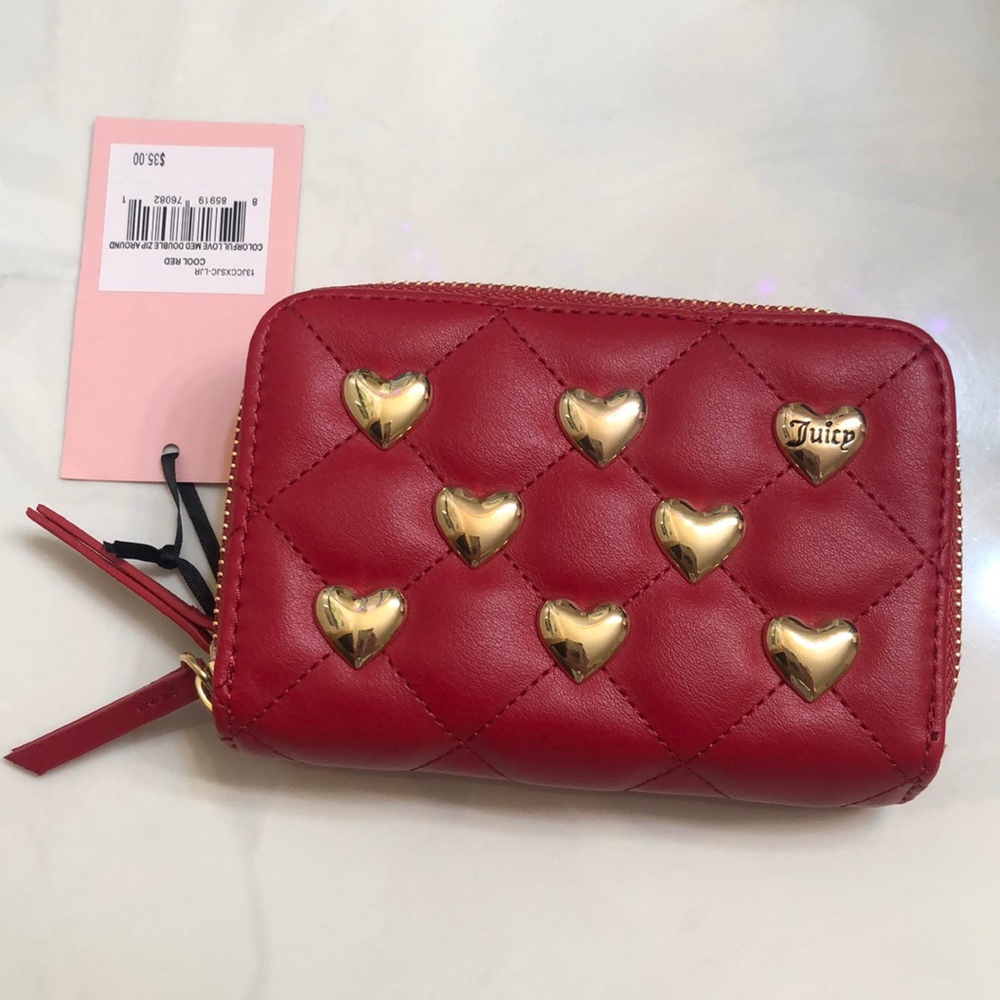 Juicy Couture Cool Red Colorful Love Medium Double ZA Wallet Heart Studs NWT
